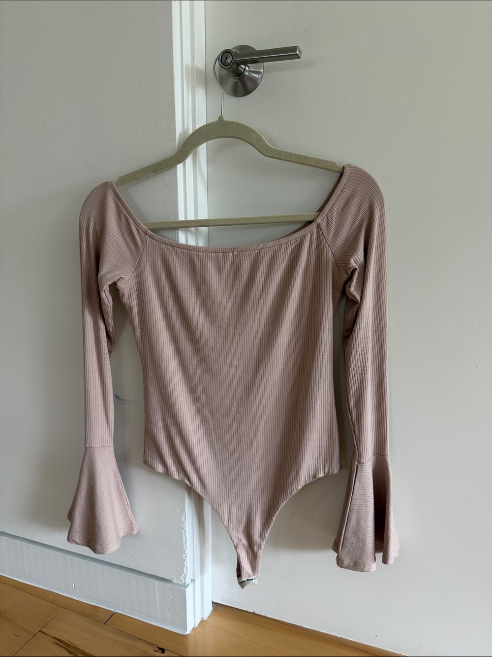 Privacy Please Ribbed Off-Shoulder Long Sleeve Bodysuit in Blush Pink